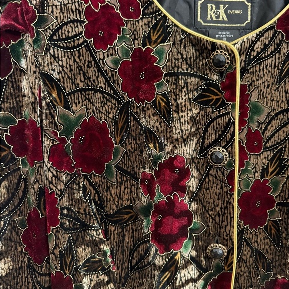 VTG R&K Evening Women's Red Brown Burnout Velvet Cardigan Gold Trim 10 Floral - Picture 2 of 5